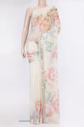 Cream Organza Silk Saree with Floral Print on the body and Zari Border.  displayed on a mannequin