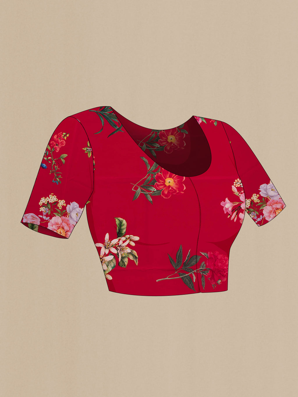 Close up image of the blouse of Red Chiffon Saree with Printed design on the body and Without Border. 