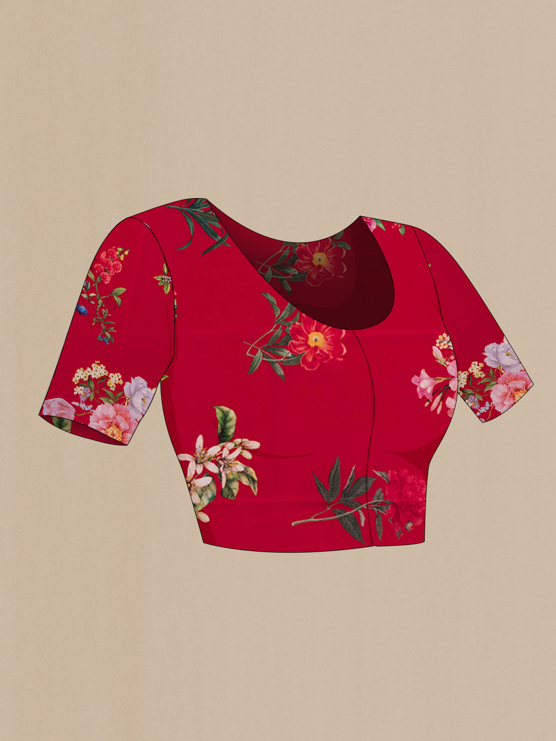 Close up image of the blouse of Red Chiffon Saree with Printed design on the body and Without Border. 