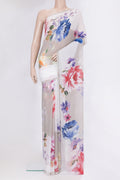 Grey Chiffon Saree with Printed design on the body and Without Border.  displayed on a mannequin