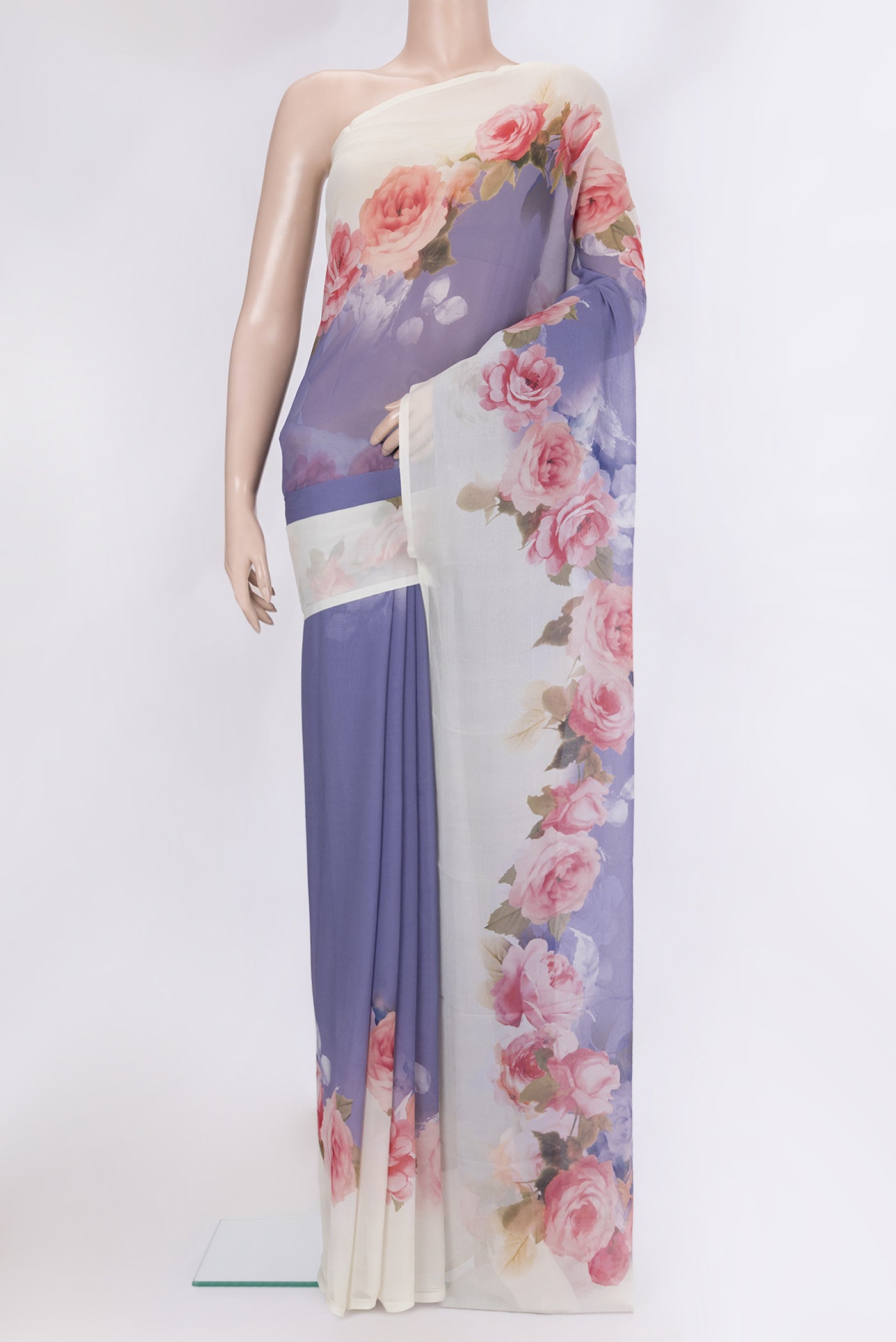 Lilac Chiffon Saree with Plain Body and Printed Border.  displayed on a mannequin
