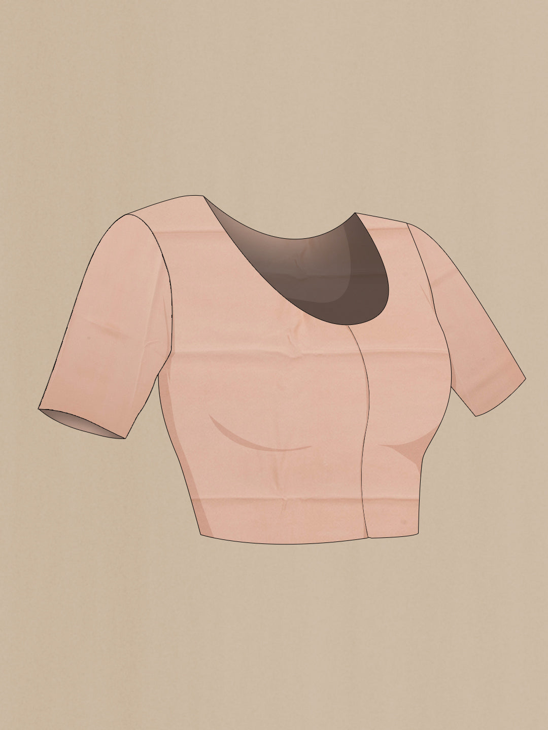Close up image of the blouse of Peach Chiffon Saree with Printed design on the body and Without Border. 