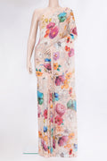 Peach Chiffon Saree with Printed design on the body and Without Border.  displayed on a mannequin