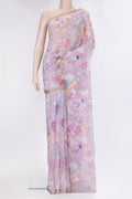 Lavender Chiffon Saree with Floral Print on the body and Zari Border.  displayed on a mannequin