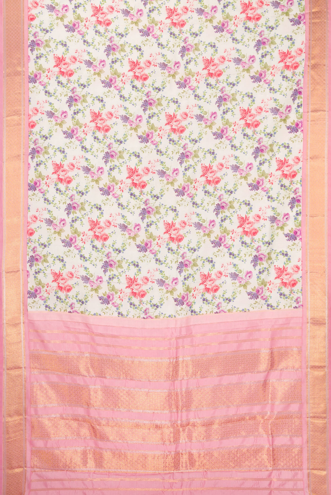 Flat view of Off White Kanchipuram Silk Saree with Floral Print on the body and Zari Border. 