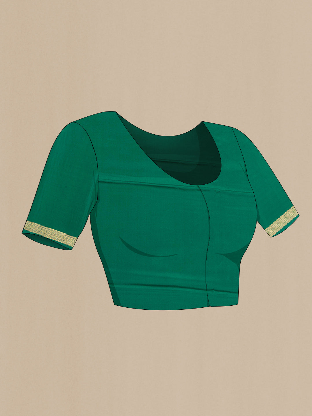 Close up image of the blouse of Green Crepe Saree with Plain Body and Zari Border. 