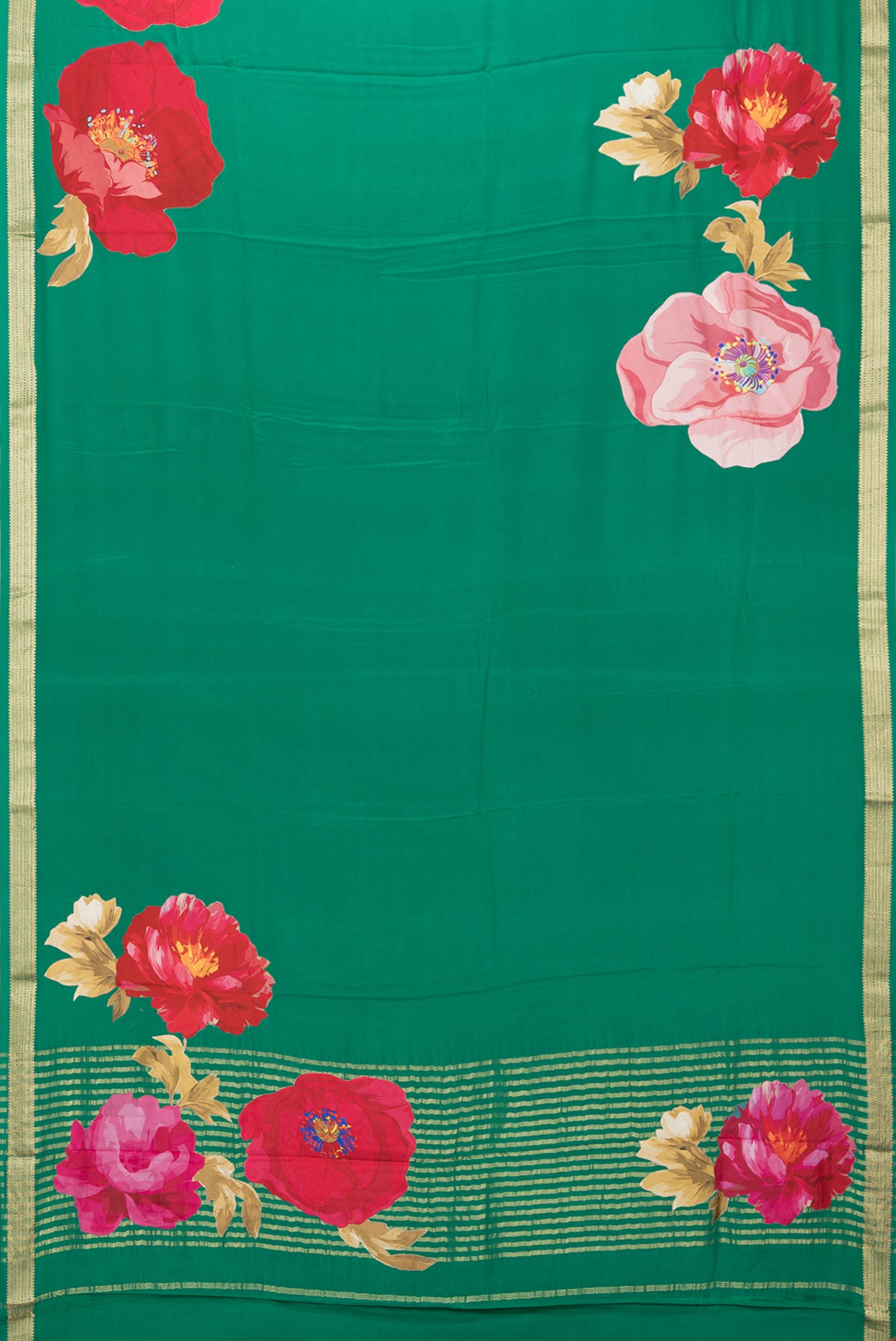 Flat view of Green Crepe Saree with Plain Body and Zari Border. 