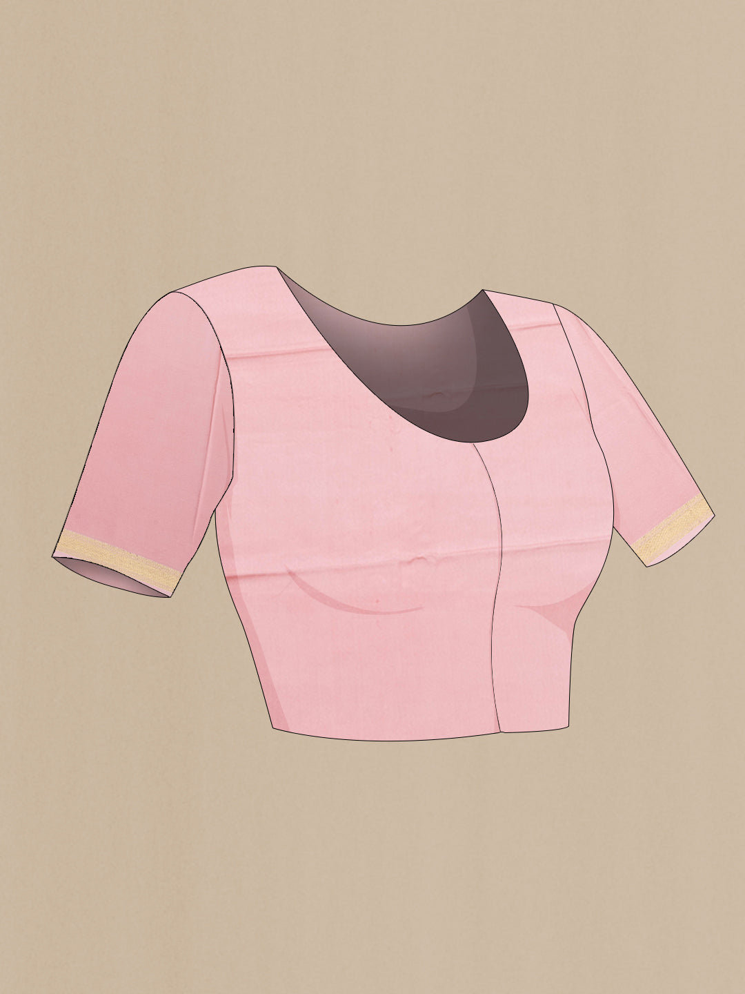 Close up image of the blouse of Rose pink Crepe Saree with Plain Body and Zari Border. 