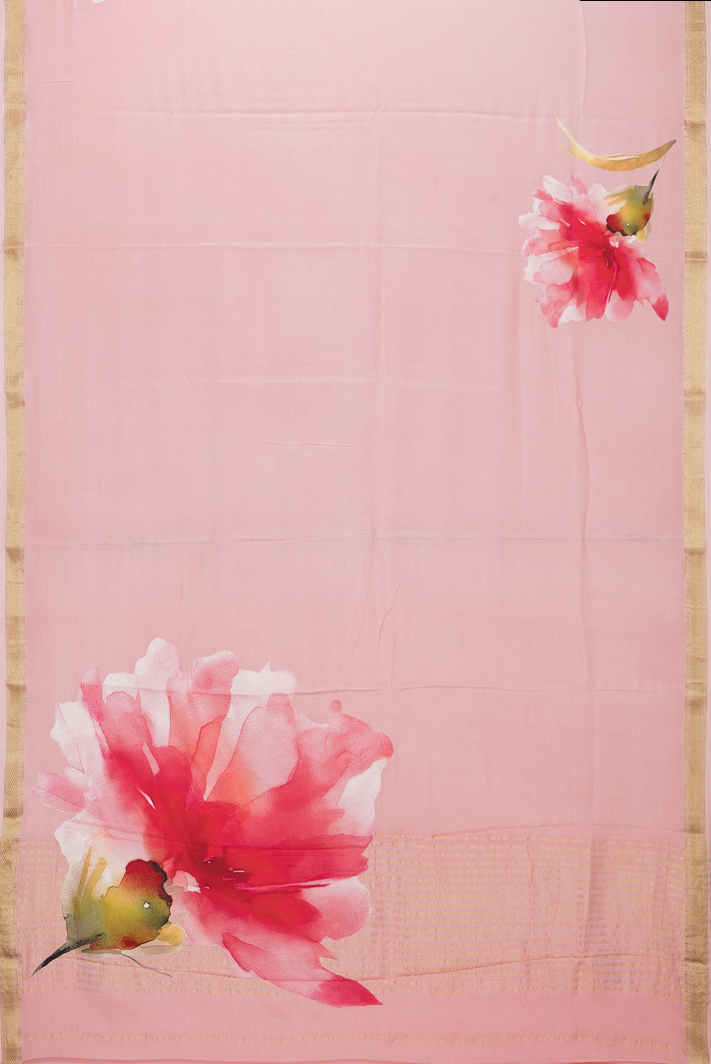 Flat view of Rose pink Crepe Saree with Plain Body and Zari Border. 