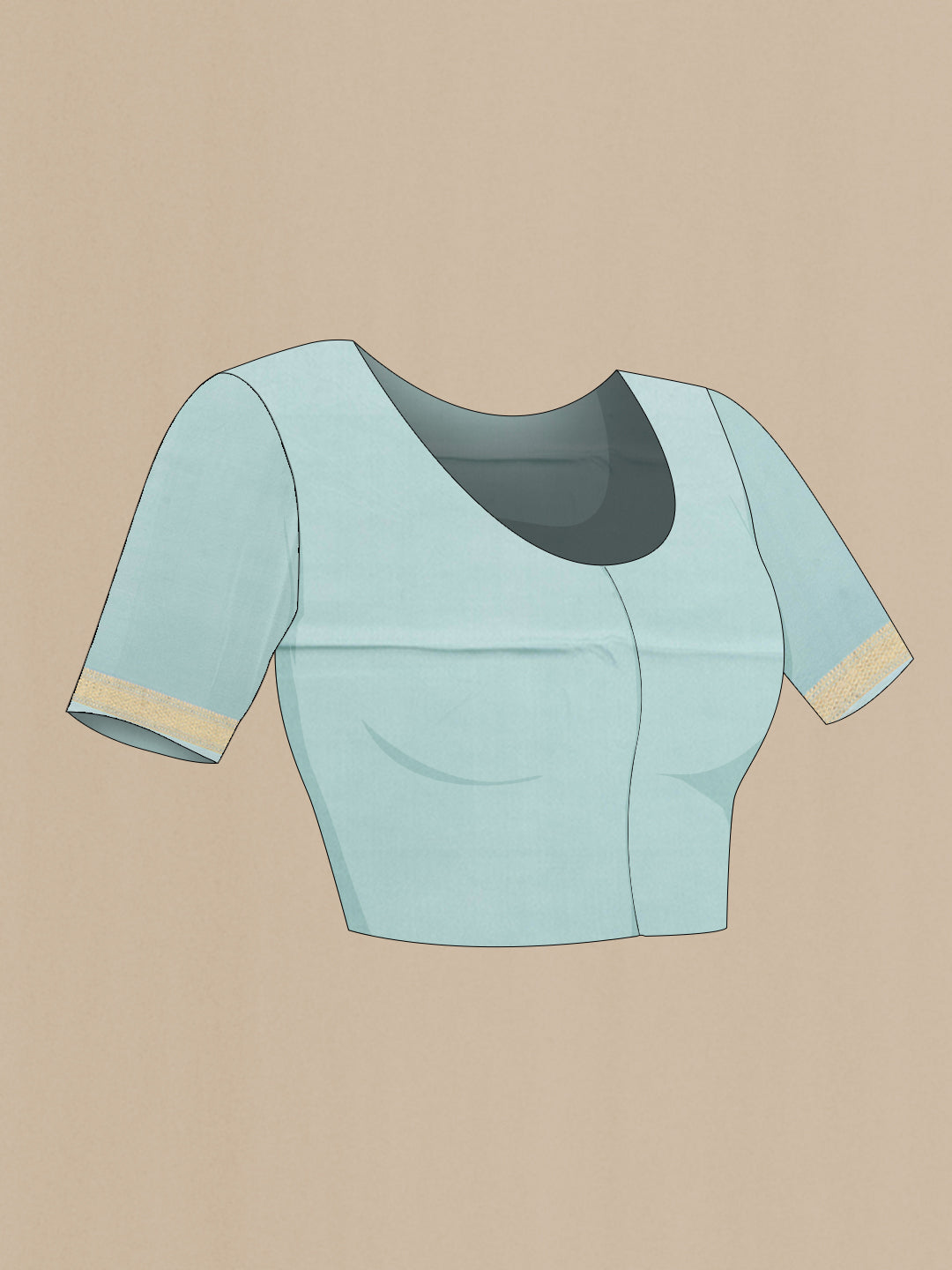 Close up image of the blouse of Sky Blue Crepe Saree with Plain Body and Zari Border. 