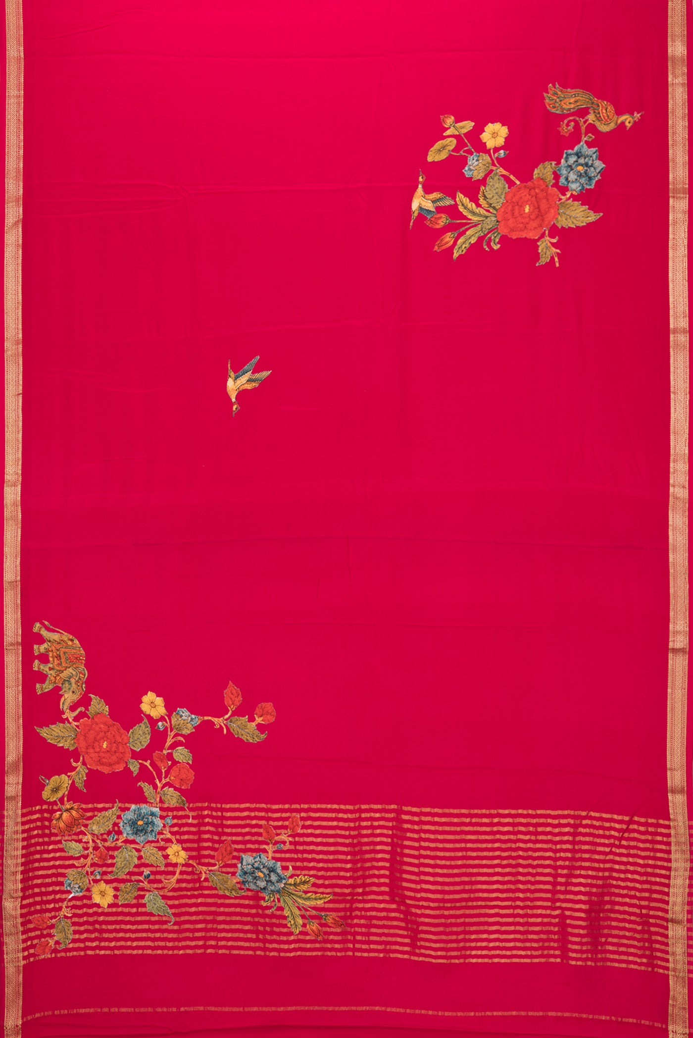 Flat view of Dark Pink Crepe Saree with Embroidery on the body and Zari Border. 