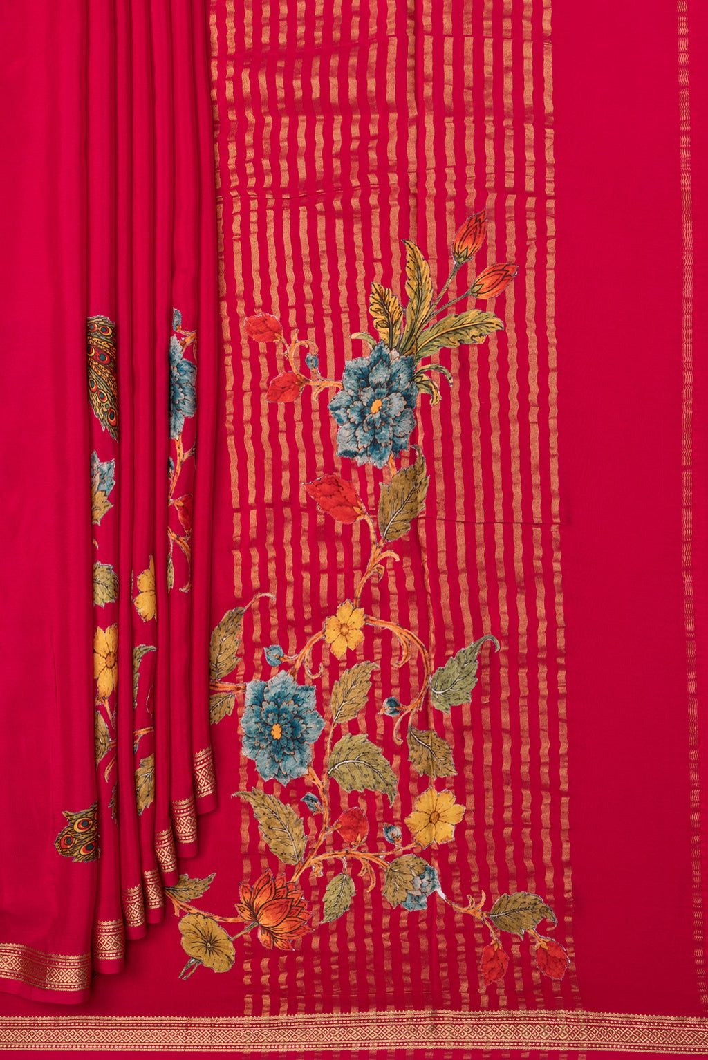 Pleats and pallu of Dark Pink Crepe Saree with Embroidery on the body and Zari Border. 
