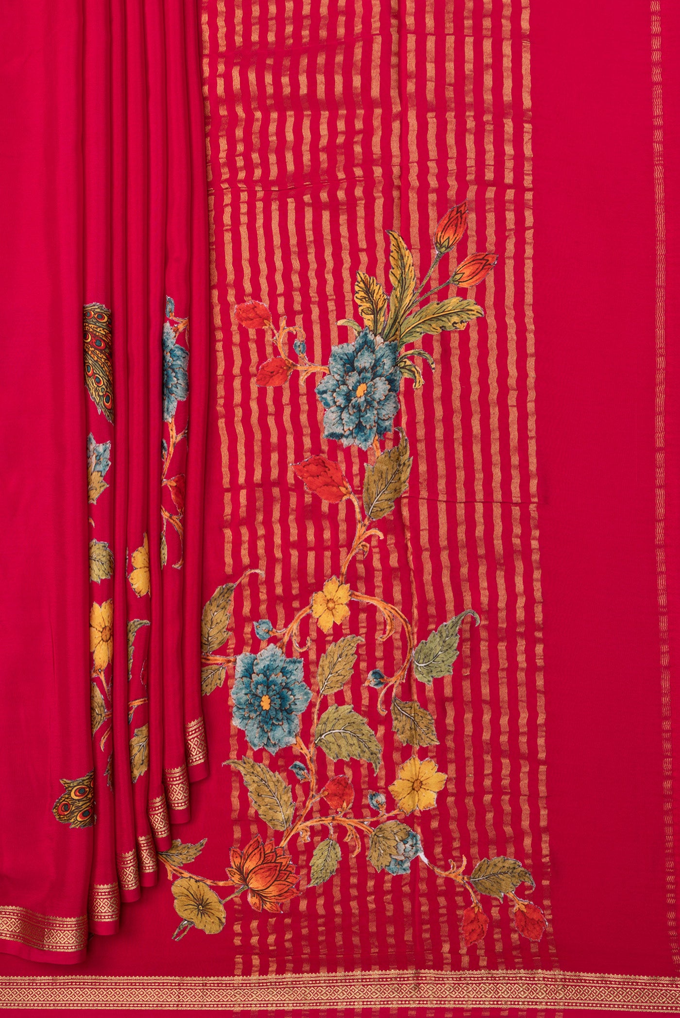 Pleats and pallu of Dark Pink Crepe Saree with Embroidery on the body and Zari Border. 