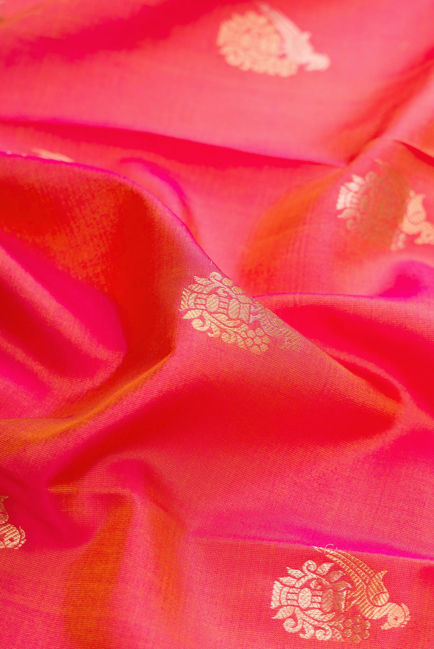 Close up of Coral Dual Tone Kanjivaram Silk Saree with Zari Butta on the body and Fancy Border.  displaying folds