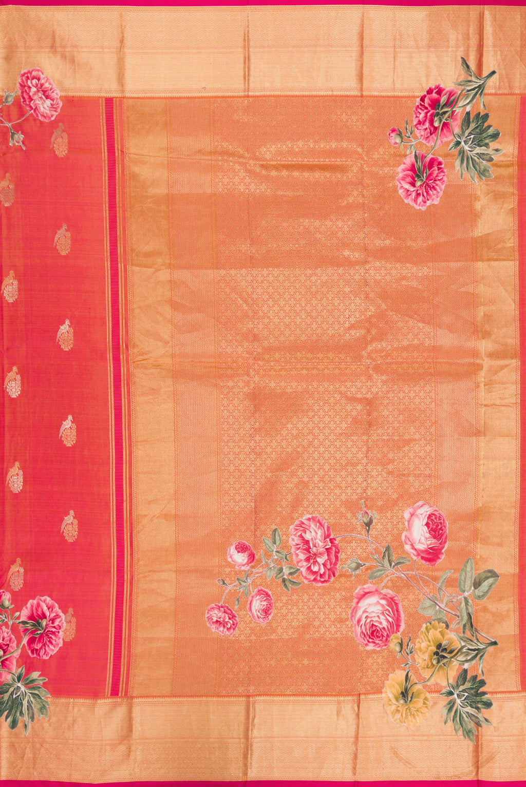 Close up image of the pallu of Coral Dual Tone Kanjivaram Silk Saree with Zari Butta on the body and Fancy Border. 