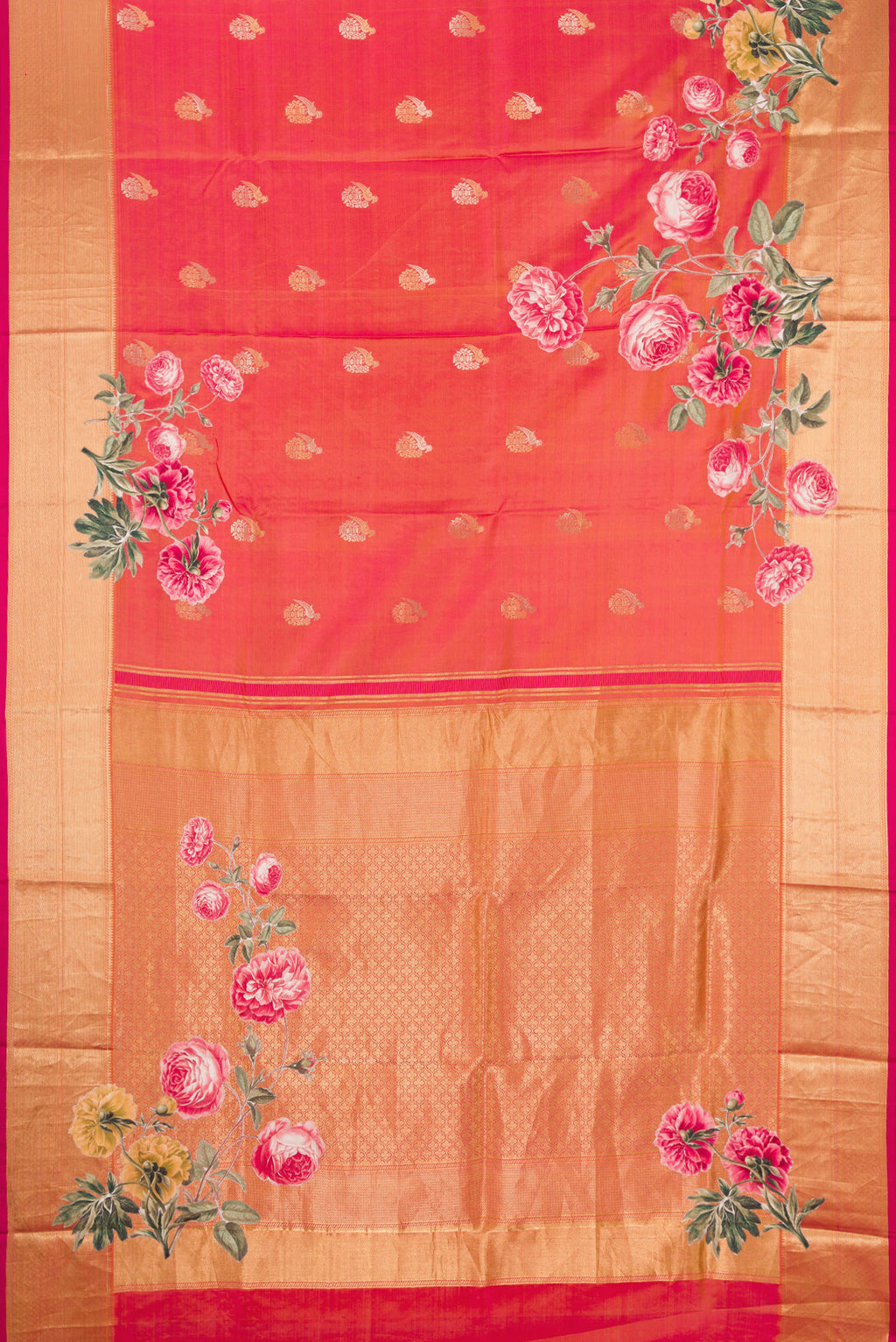 Flat view of Coral Dual Tone Kanjivaram Silk Saree with Zari Butta on the body and Fancy Border. 