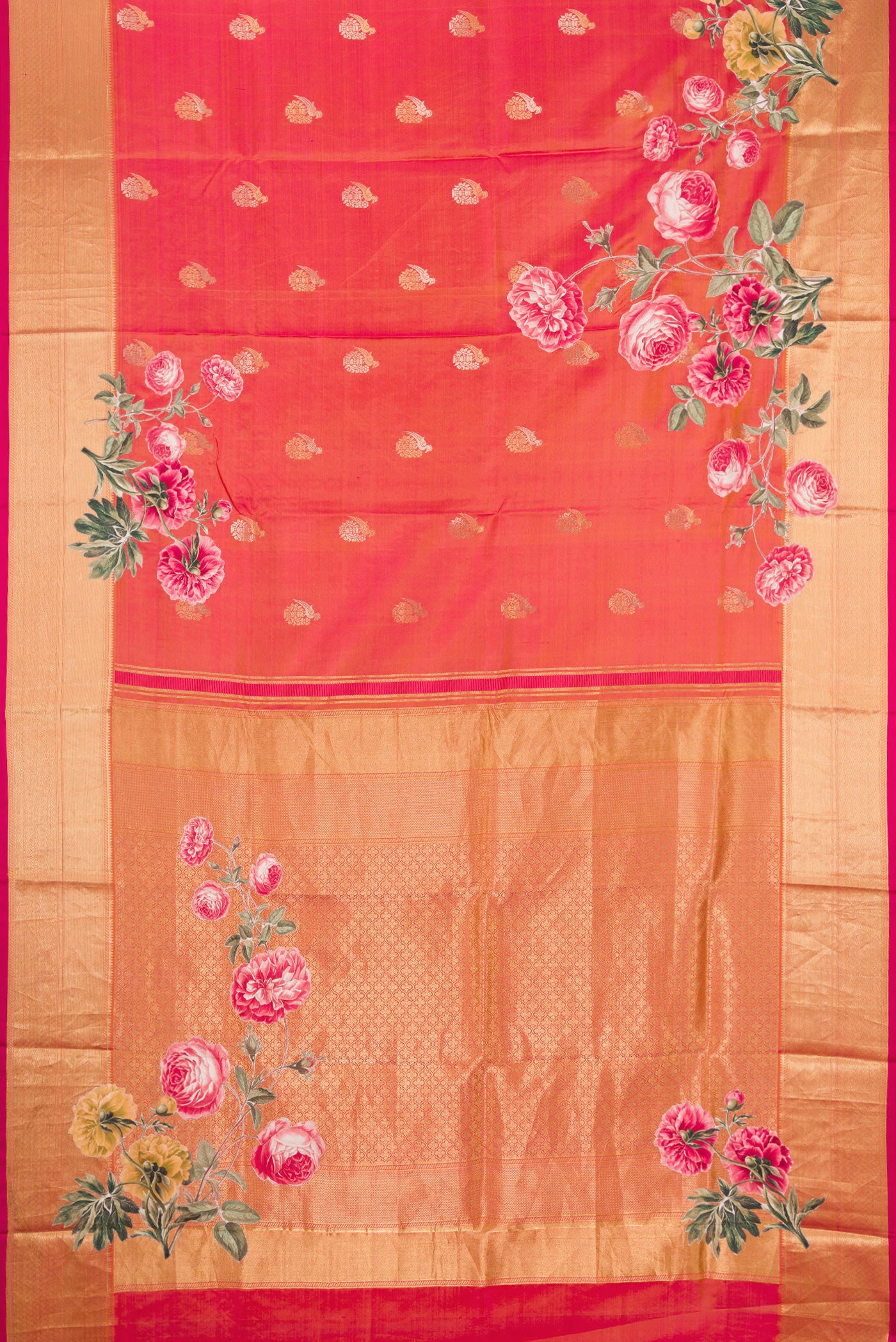 Flat view of Coral Dual Tone Kanjivaram Silk Saree with Zari Butta on the body and Fancy Border. 