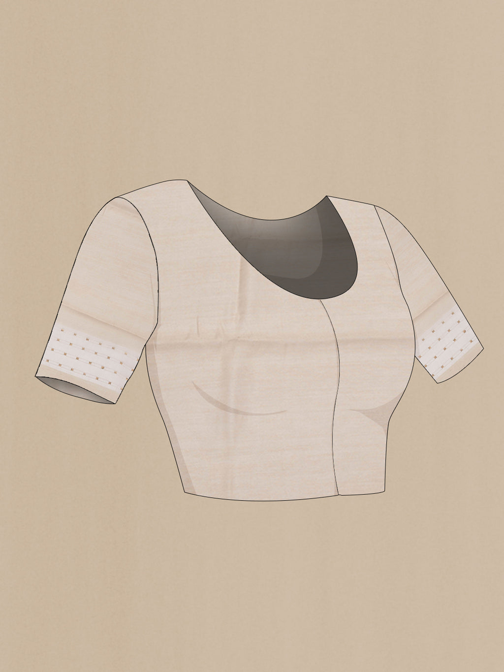 Close up image of the blouse of Pure Silk Beige Dual Tone Tussar Saree with Embroidery on the body and Fancy Border. 