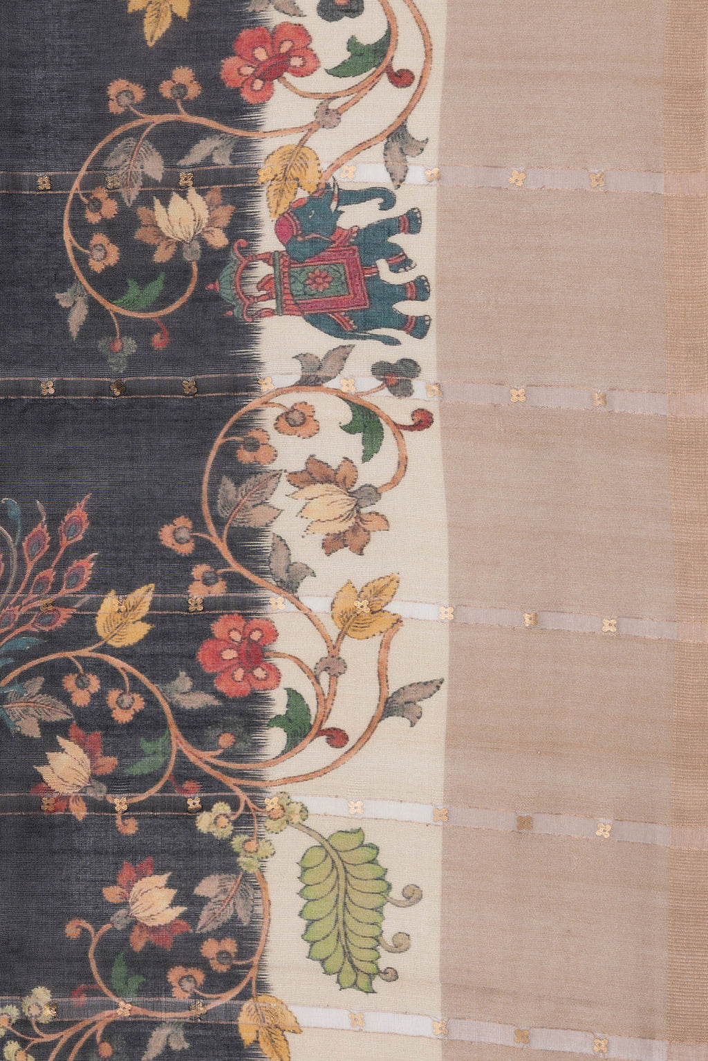 Border image of Pure Silk Black Dual Tone Tussar Saree with Embroidery on the body and Fancy Border. 