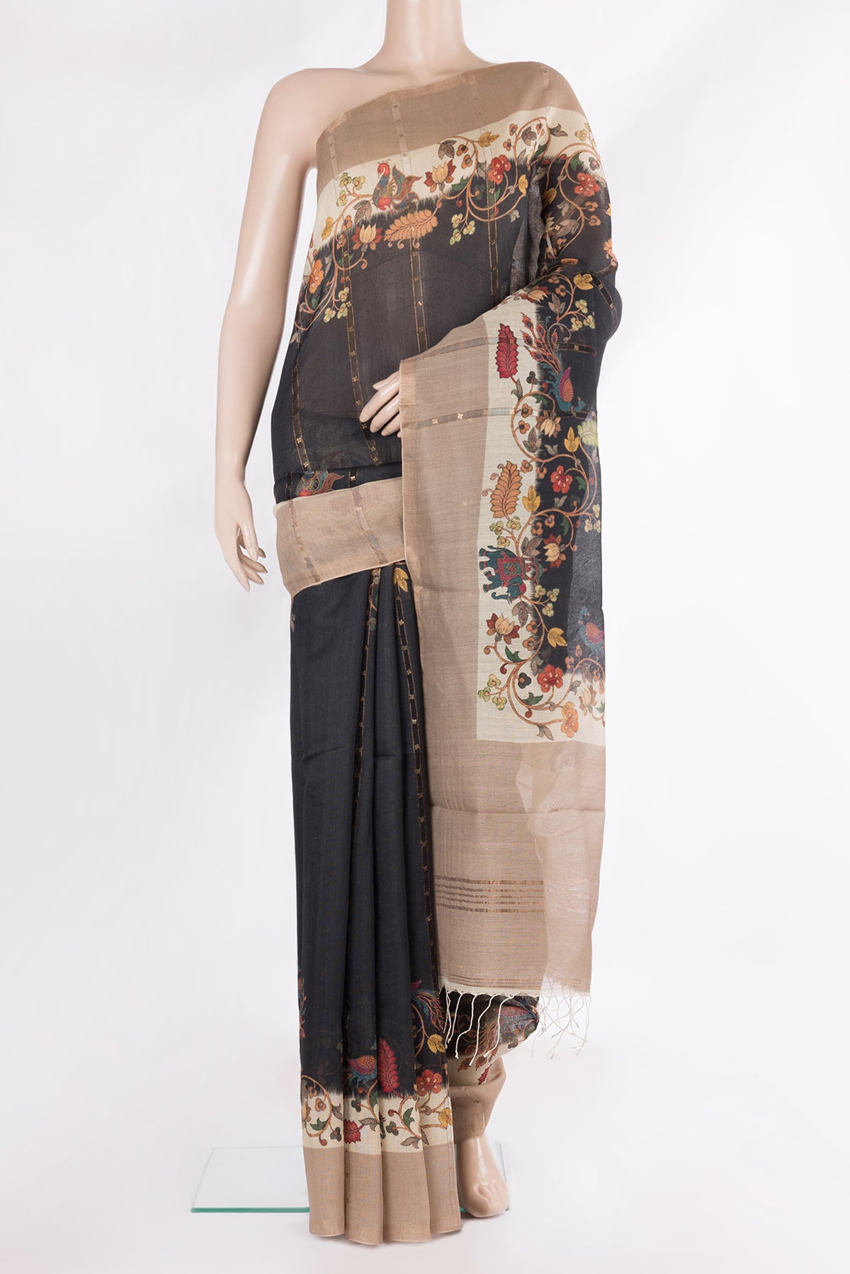 Pure Silk Black Dual Tone Tussar Saree with Embroidery on the body and Fancy Border.  displayed on a mannequin