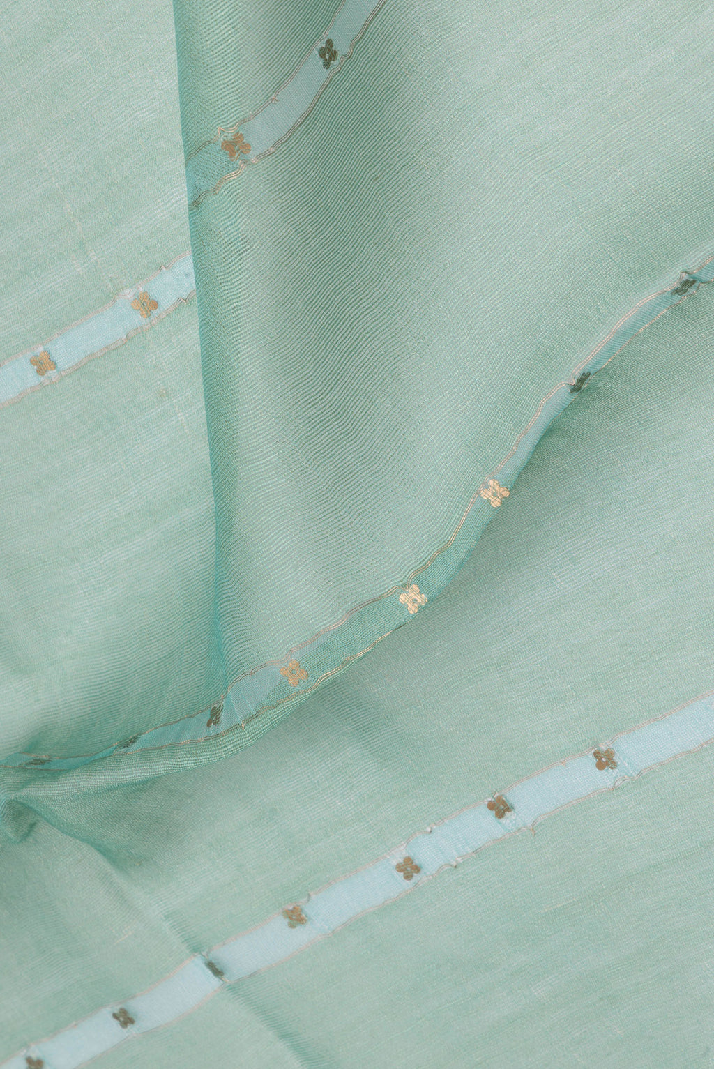 Close up of Pure Silk Light Green Dual Tone Tussar Saree with Embroidery on the body and Fancy Border.  displaying folds