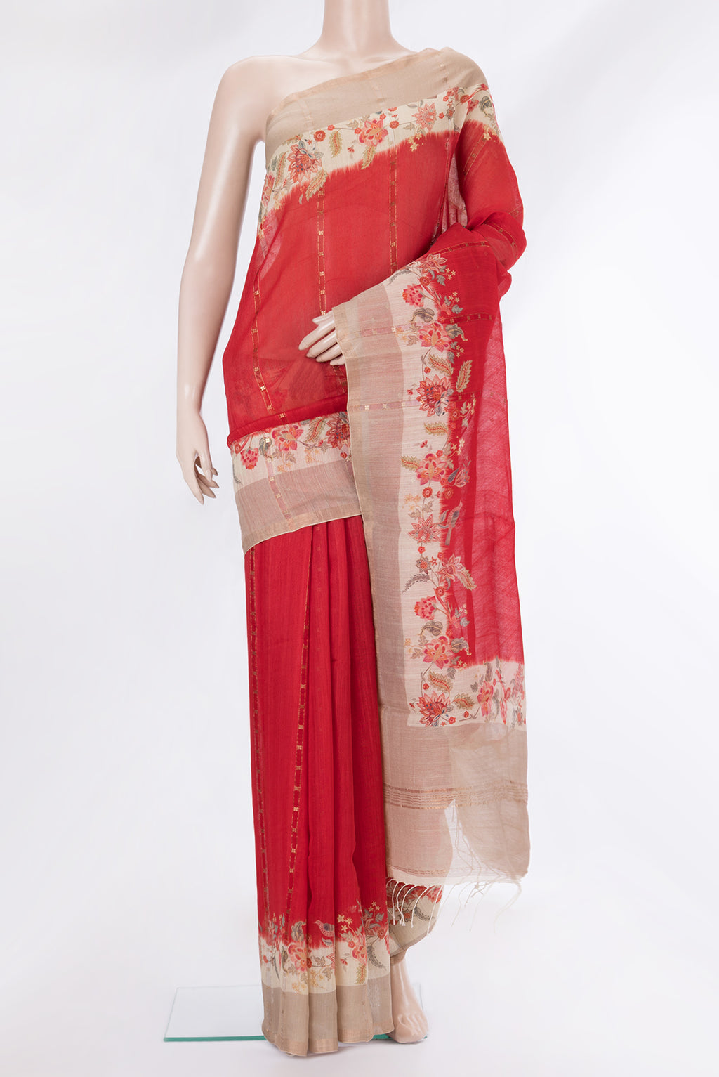 Pure Silk Red Dual Tone Tussar Saree with Embroidery on the body and Fancy Border.  displayed on a mannequin