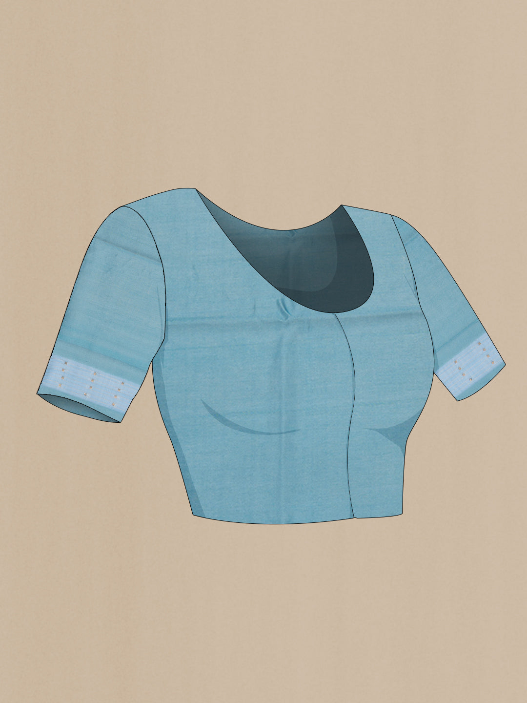 Close up image of the blouse of Pure Silk Sky Blue Dual Tone Tussar Saree with Embroidery on the body and Fancy Border. 