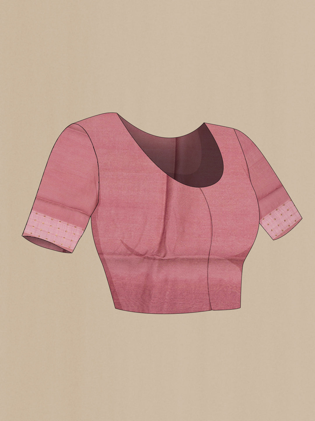 Close up image of the blouse of Pure Silk Coral Tussar Saree with Embroidery on the body and Fancy Border. 