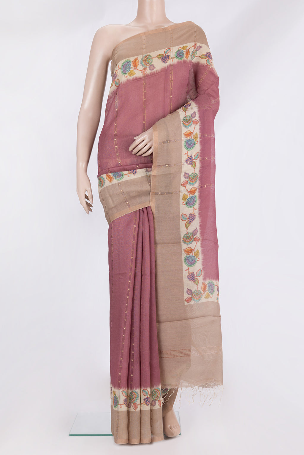 Pure Silk Coral Tussar Saree with Embroidery on the body and Fancy Border.  displayed on a mannequin