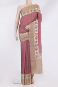 Pure Silk Coral Tussar Saree with Embroidery on the body and Fancy Border.  displayed on a mannequin