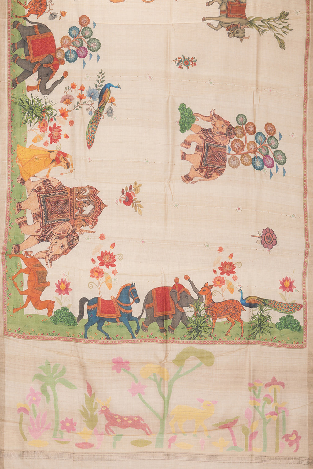 Flat view of Pure Silk Beige Dual Tone Tussar Saree with Printed design on the body and Fancy Border. 