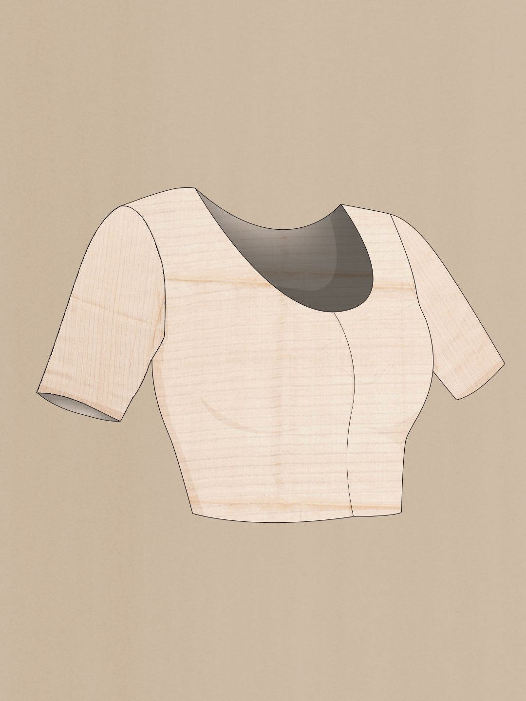 Close up image of the blouse of Beige Tussar Saree with Printed design on the body and Zari Border. 