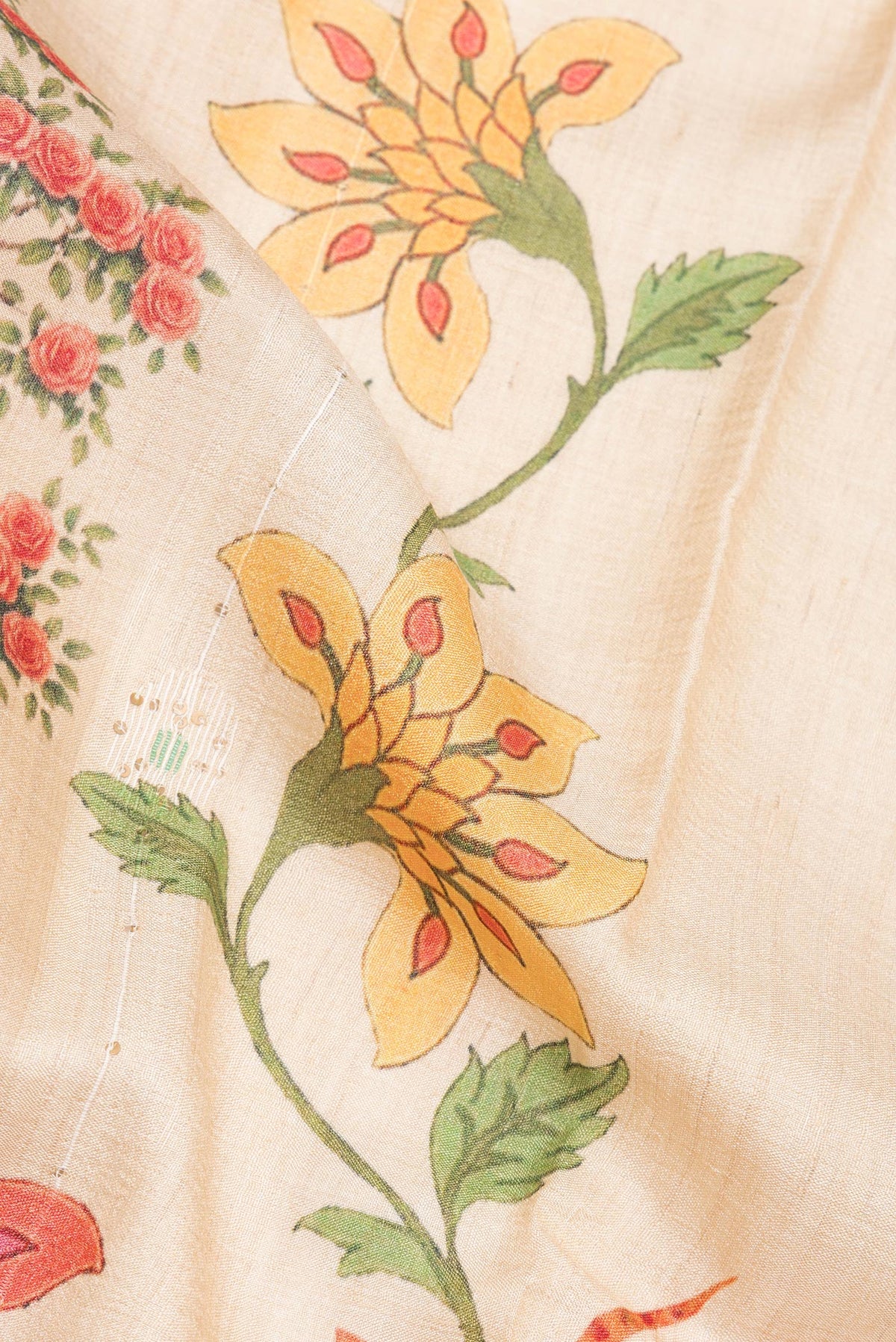 Close up of Beige Tussar Saree with Printed design on the body and Zari Border.  displaying folds
