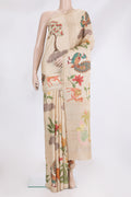 Beige Tussar Saree with Printed design on the body and Zari Border.  displayed on a mannequin