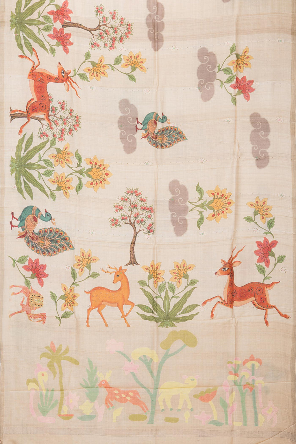 Flat view of Beige Tussar Saree with Printed design on the body and Zari Border. 