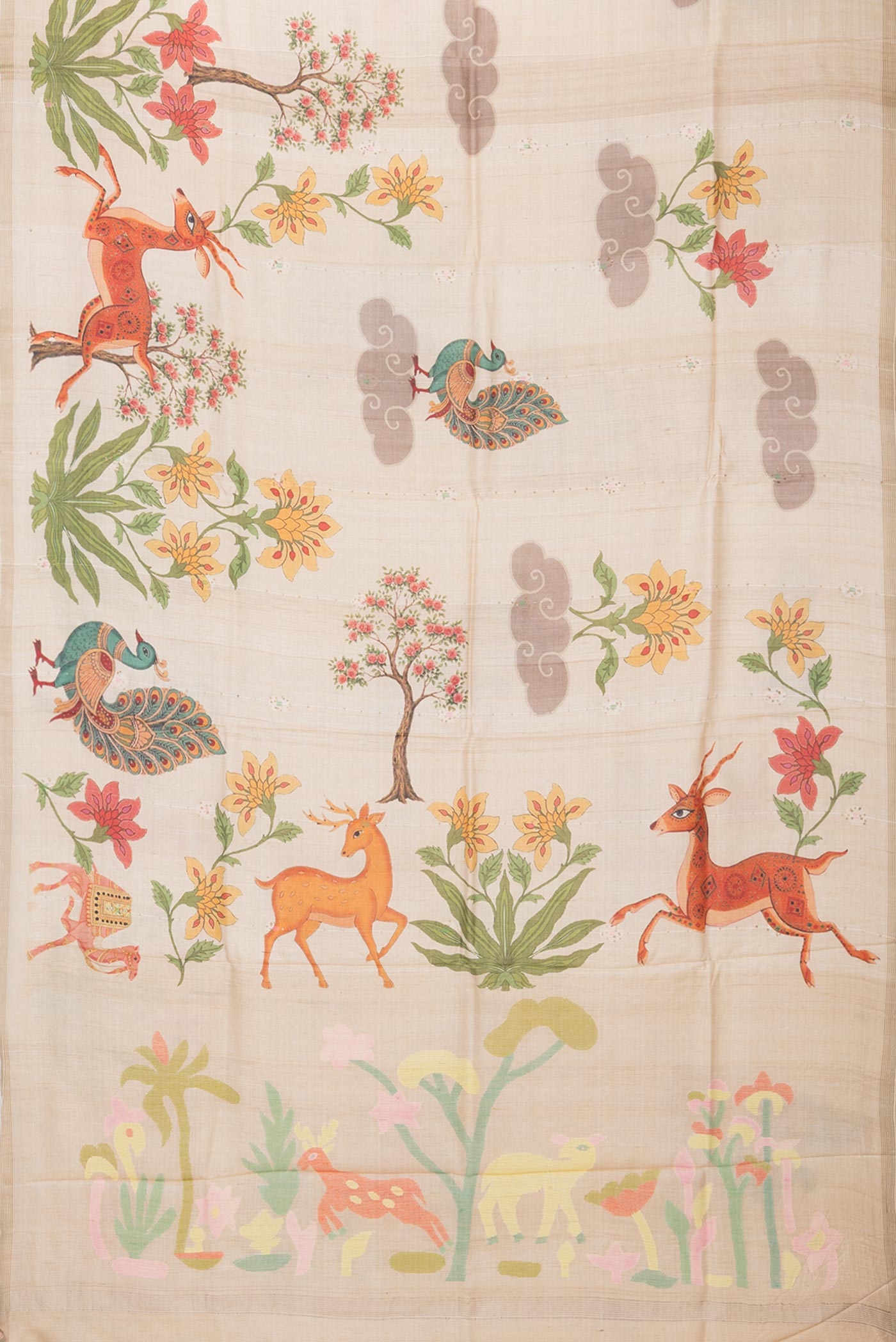 Flat view of Beige Tussar Saree with Printed design on the body and Zari Border. 