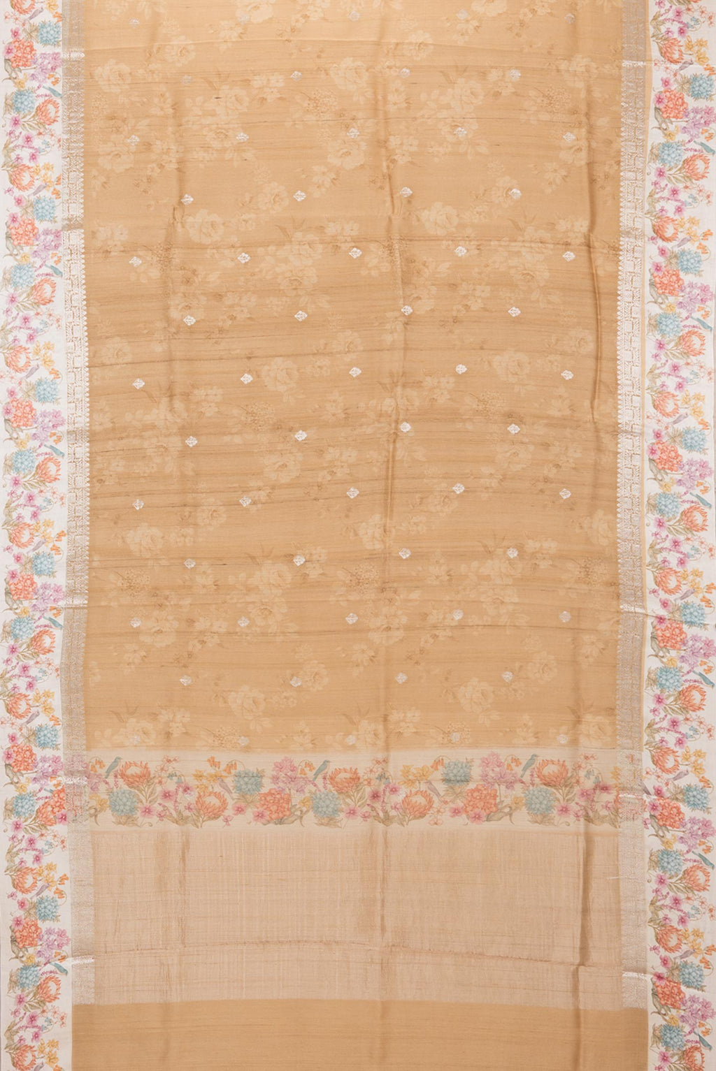 Flat view of Pure Silk Sandal Tussar Saree with Floral Print on the body and Fancy Border. 