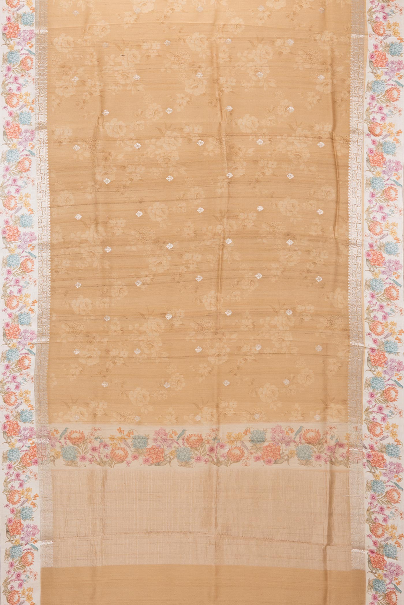 Flat view of Pure Silk Sandal Tussar Saree with Floral Print on the body and Fancy Border. 