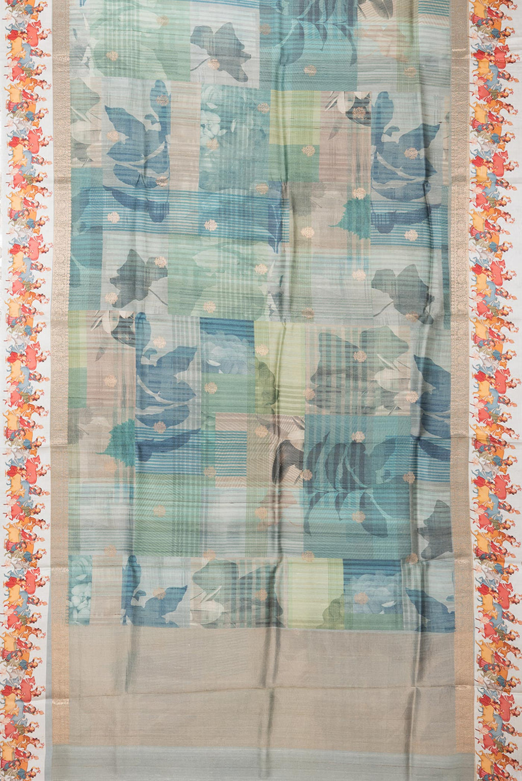 Flat view of Pure Silk Multi Color Tussar Saree with Printed design on the body and Fancy Border. 