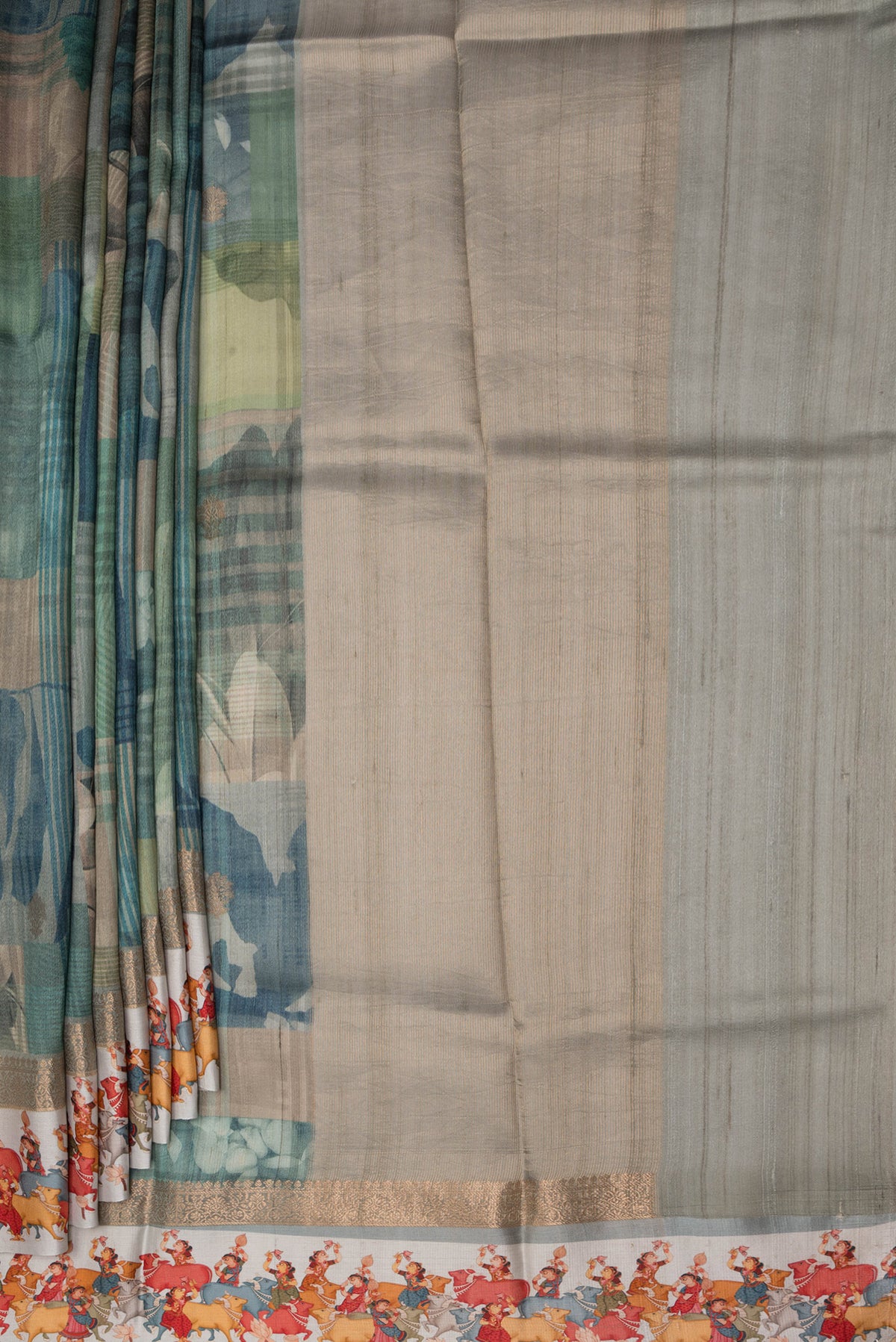 Pleats and pallu of Pure Silk Multi Color Tussar Saree with Printed design on the body and Fancy Border. 