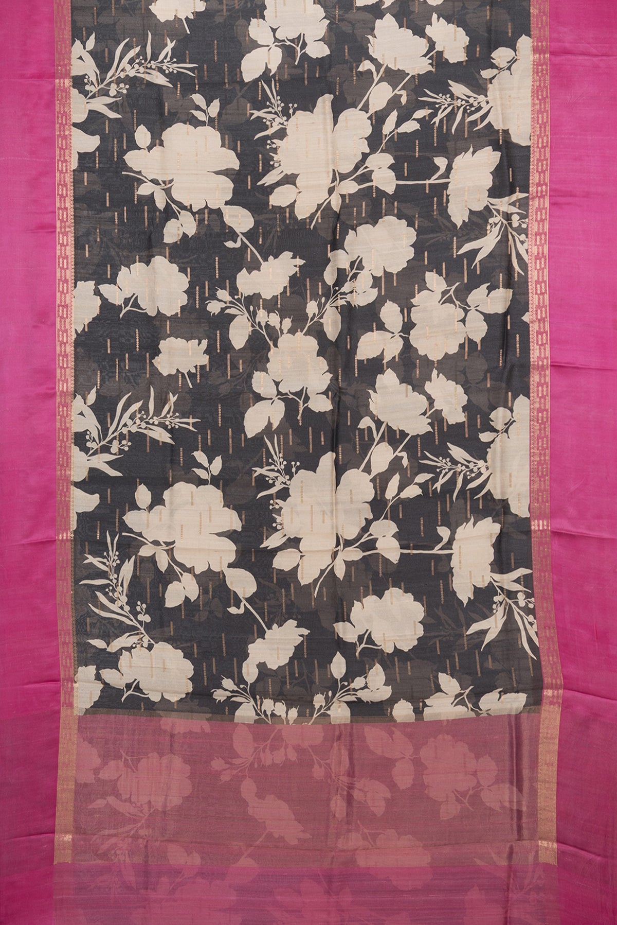 Flat view of Black Tussar Saree with Printed design on the body and Fancy Border. 