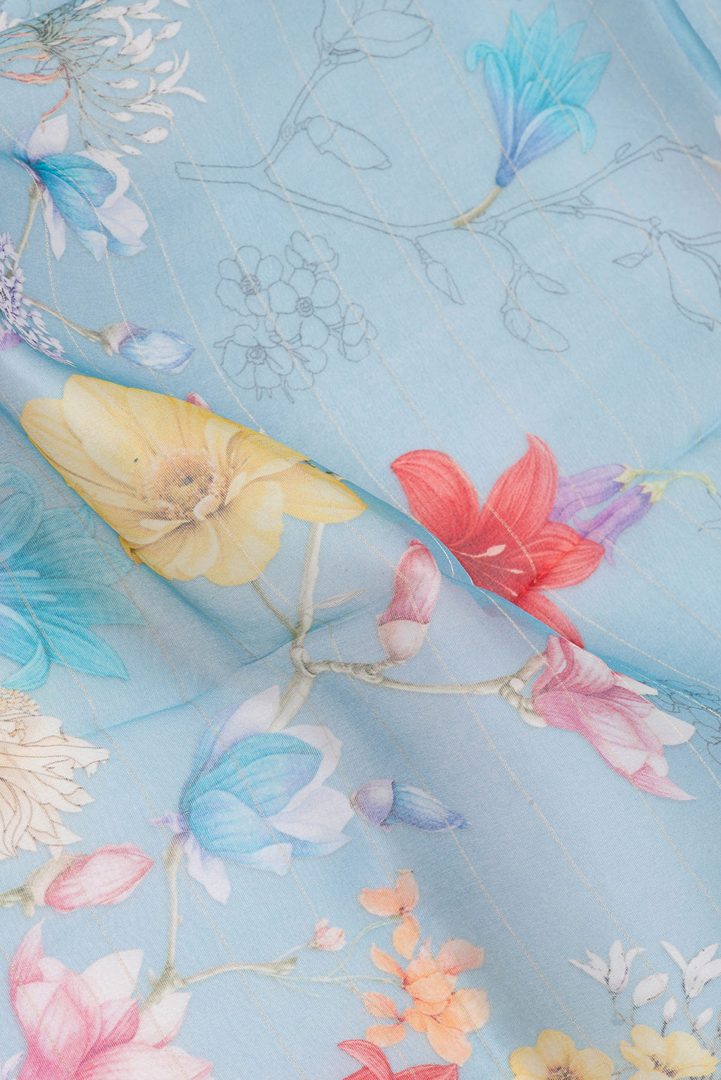 Close up of Sky Blue Organza Silk Saree with Floral Print on the body and Satin Border.  displaying folds