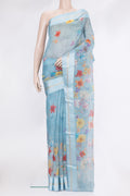 Sky Blue Organza Silk Saree with Floral Print on the body and Satin Border.  displayed on a mannequin