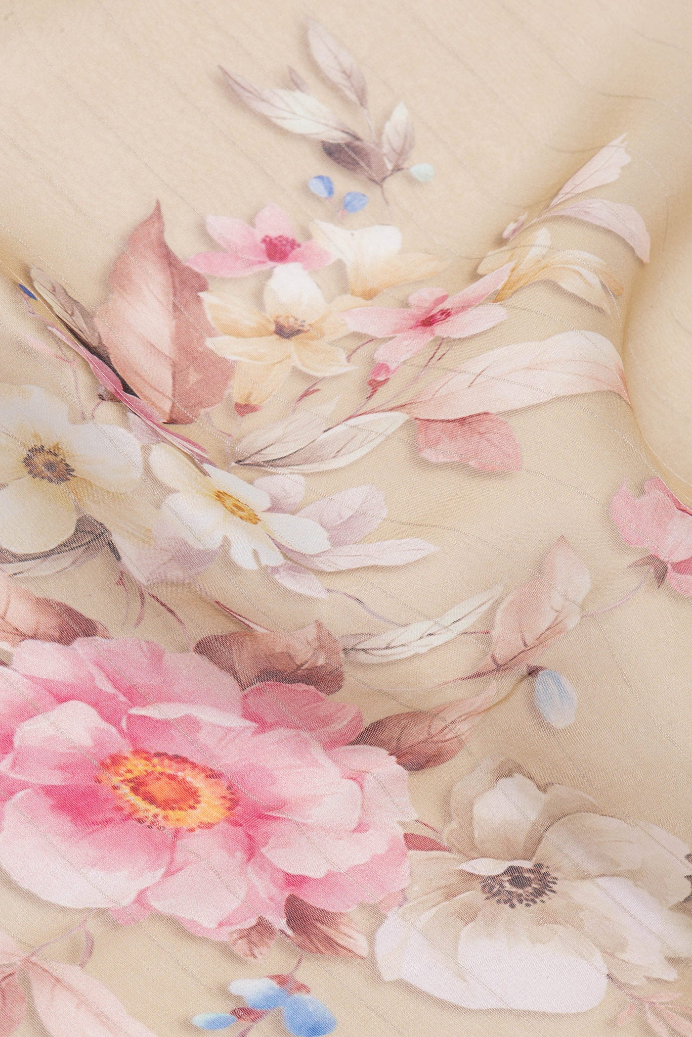 Close up of Beige Organza Silk Saree with Floral Print on the body and Satin Border.  displaying folds