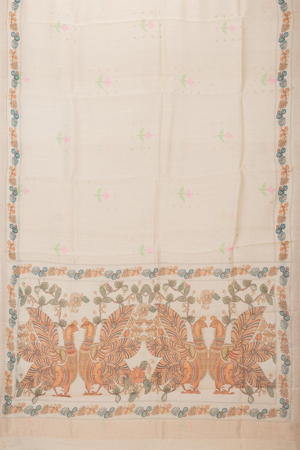 Flat view of Pure Silk Beige Tussar Saree with Printed design on the body and Zari Border. 
