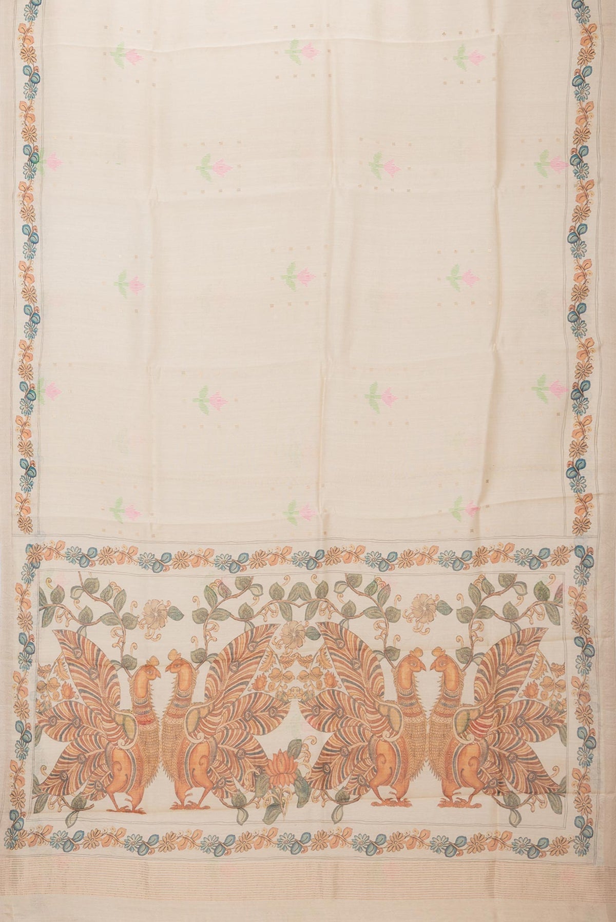 Flat view of Pure Silk Beige Tussar Saree with Printed design on the body and Zari Border. 