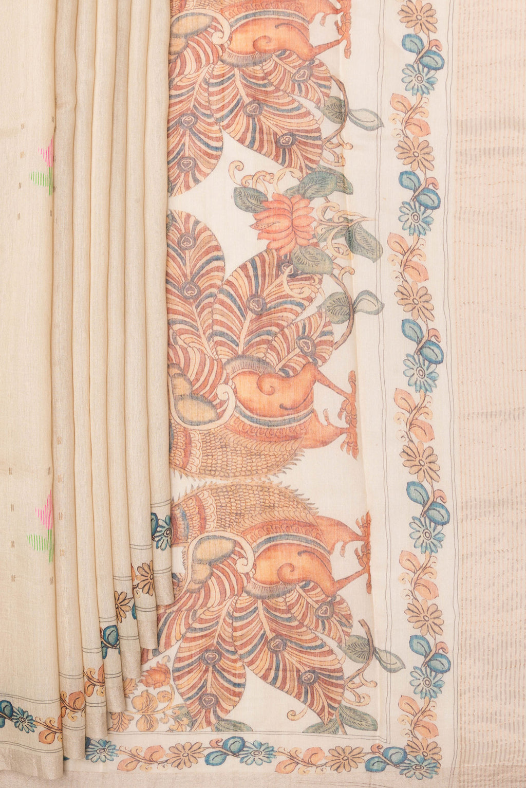 Pleats and pallu of Pure Silk Beige Tussar Saree with Printed design on the body and Zari Border. 