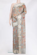 Pure Silk Grey Tussar Saree with Printed design on the body and Fancy Border.  displayed on a mannequin