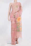Pure Silk Pink Tussar Saree with Embroidery on the body and Zari Border.  displayed on a mannequin