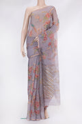 Lavender Organza Silk Saree with Printed design on the body and Zari Border.  displayed on a mannequin